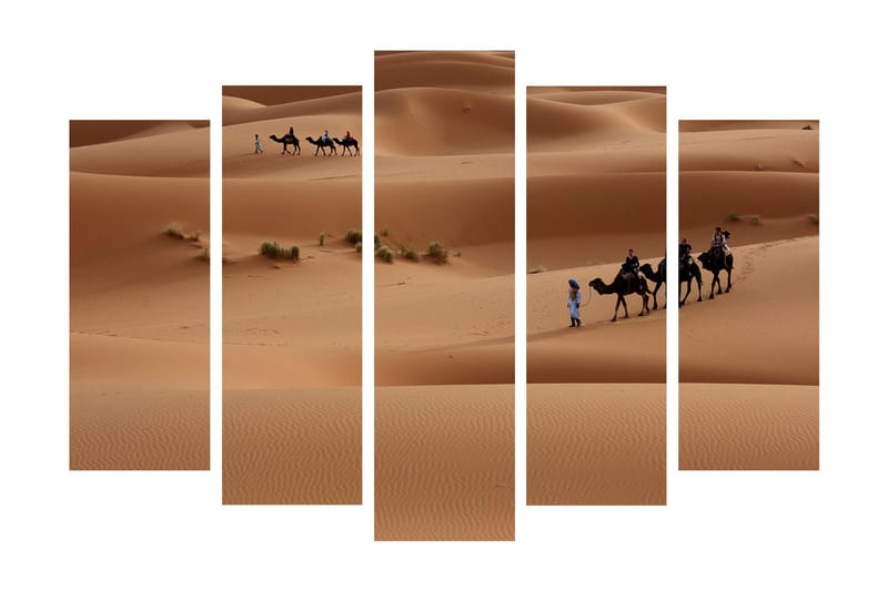 Suuri 5-osainen canvas-taulu 105x70 cm - Kamelikaravaani hiekkadyynien läpi - Hiekanbeige / Vaaleanruskea / Vihreä - Sisustustuotteet - Taulu & taide - Canvas-taulu