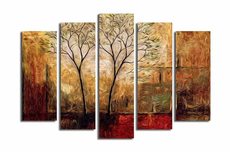 Suuri 5-osainen canvas-taulu 105x70 cm - Kauniita puita pehmeällä taustalla lämpimissä sävyissä, Kulta / Ruskea / Punainen