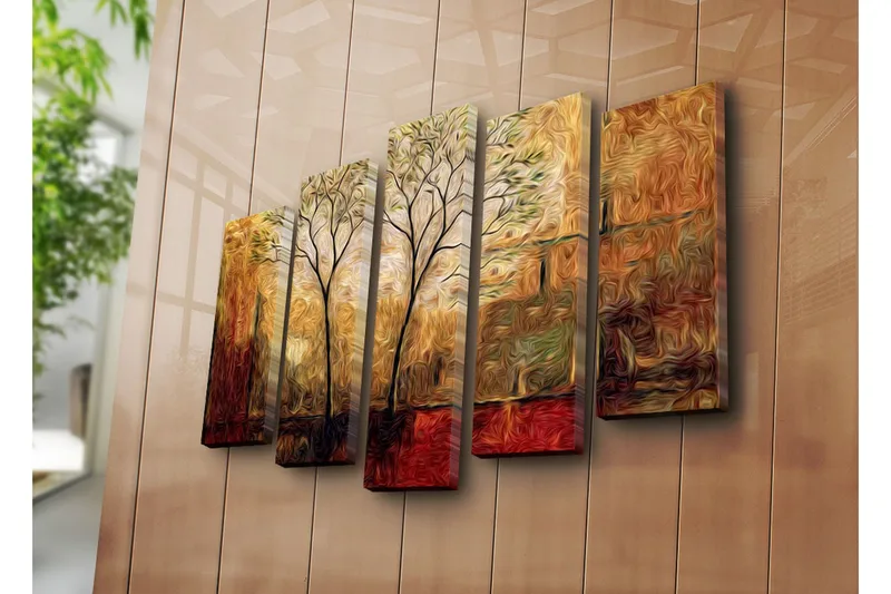 Suuri 5-osainen canvas-taulu 105x70 cm - Kauniita puita pehmeällä taustalla lämpimissä sävyissä - Kulta / Ruskea / Punainen - Sisustustuotteet - Taulu & taide - Canvas-taulu