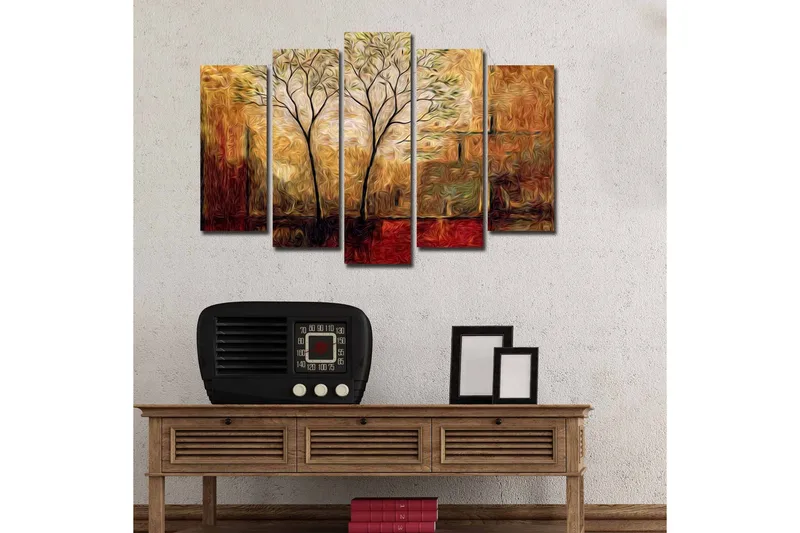 Suuri 5-osainen canvas-taulu 105x70 cm - Kauniita puita pehmeällä taustalla lämpimissä sävyissä - Kulta / Ruskea / Punainen - Sisustustuotteet - Taulu & taide - Canvas-taulu