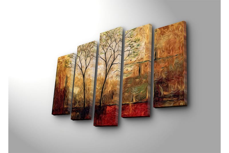 Suuri 5-osainen canvas-taulu 105x70 cm - Kauniita puita pehmeällä taustalla lämpimissä sävyissä - Kulta / Ruskea / Punainen - Sisustustuotteet - Taulu & taide - Canvas-taulu
