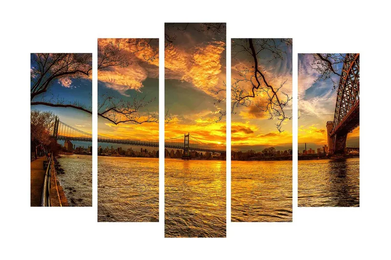 Suuri 5-osainen canvas-taulu 105x70 cm - Kaunis auringonlasku sillan yli heijastuksineen vedessä, Kulta / Oranssi / Sininen