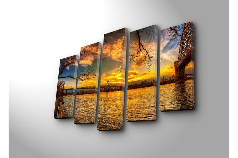 Suuri 5-osainen canvas-taulu 105x70 cm - Kaunis auringonlasku sillan yli heijastuksineen vedessä - Kulta / Oranssi / Sininen - Sisustustuotteet - Taulu & taide - Canvas-taulu
