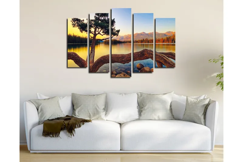 Suuri 5-osainen canvas-taulu 105x70 cm - Kaunis järvimaisema yksinäisellä puunlatvuksella veden äärellä - Vihreä / Sininen / Ruskea - Sisustustuotteet - Taulu & taide - Canvas-taulu