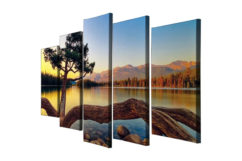 Suuri 5-osainen canvas-taulu 105x70 cm - Kaunis järvimaisema yksinäisellä puunlatvuksella veden äärellä, Vihreä / Sininen / Ruskea