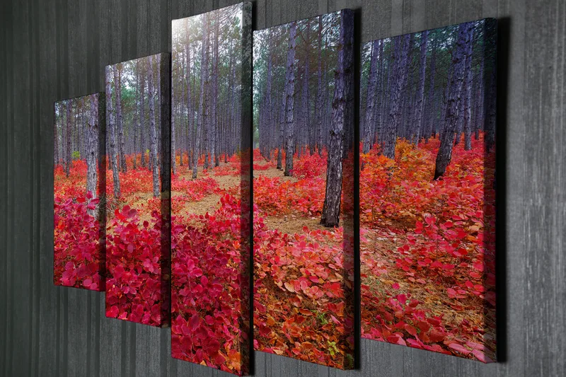 Suuri 5-osainen canvas-taulu 105x70 cm - Kaunis metsä syksyn väreissä ja punaisissa lehdissä - Punainen / Vihreä / Ruskea - Sisustustuotteet - Taulu & taide - Canvas-taulu