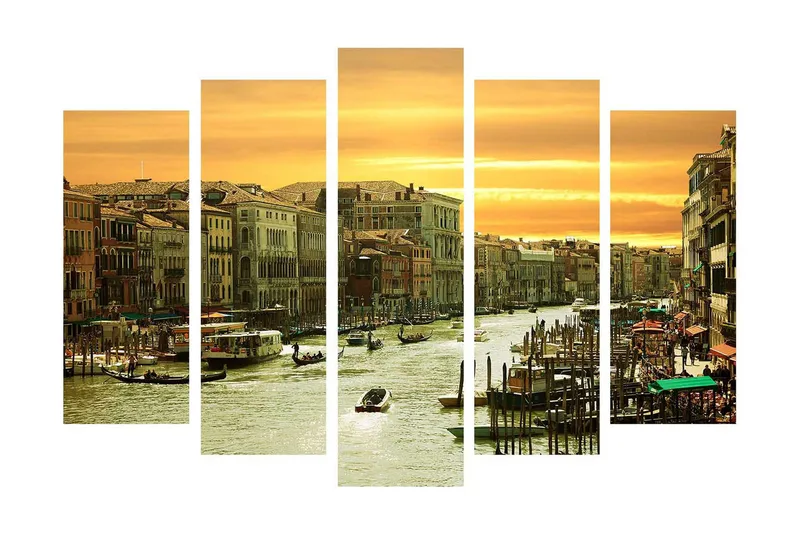 Suuri 5-osainen canvas-taulu 105x70 cm - Kaunis näkymä kanavalle Venetsiassa auringonlaskun aikaan, Kulta / Vihreä / Beige