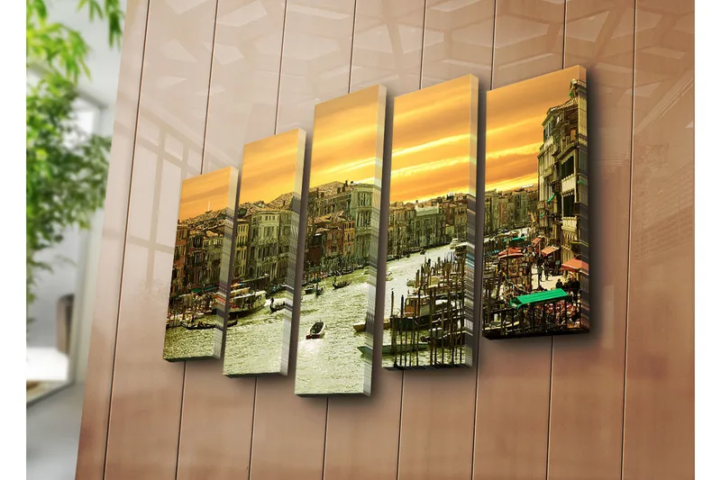Suuri 5-osainen canvas-taulu 105x70 cm - Kaunis näkymä kanavalle Venetsiassa auringonlaskun aikaan - Kulta / Vihreä / Beige - Sisustustuotteet - Taulu & taide - Canvas-taulu