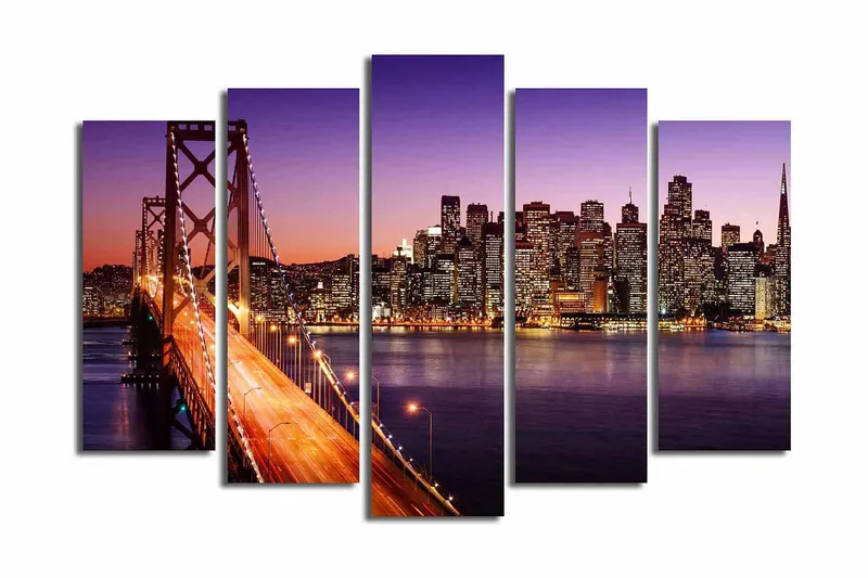 Suuri 5-osainen canvas-taulu 105x70 cm - Kaunis näkymä kaupunkiin ja sillalle hämärässä, Violetti / Oranssi / Sininen