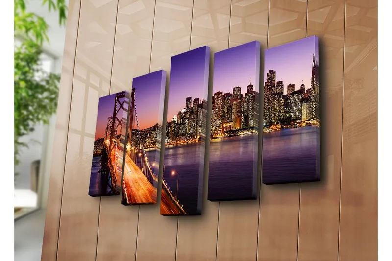 Suuri 5-osainen canvas-taulu 105x70 cm - Kaunis näkymä kaupunkiin ja sillalle hämärässä - Violetti / Oranssi / Sininen - Sisustustuotteet - Taulu & taide - Canvas-taulu