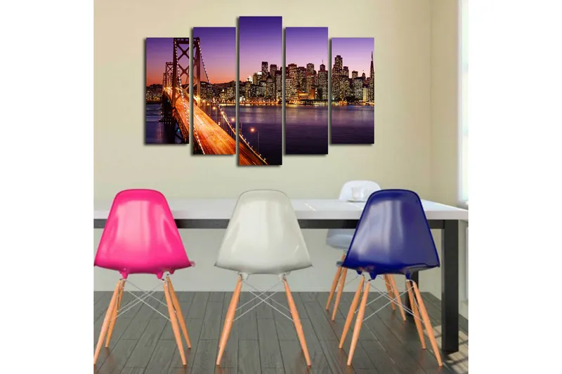 Suuri 5-osainen canvas-taulu 105x70 cm - Kaunis näkymä kaupunkiin ja sillalle hämärässä - Violetti / Oranssi / Sininen - Sisustustuotteet - Taulu & taide - Canvas-taulu