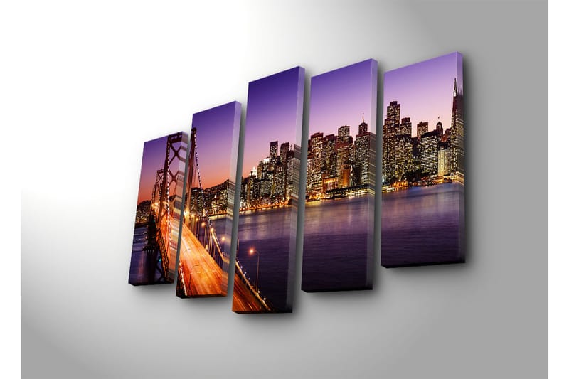 Suuri 5-osainen canvas-taulu 105x70 cm - Kaunis näkymä kaupunkiin ja sillalle hämärässä - Violetti / Oranssi / Sininen - Sisustustuotteet - Taulu & taide - Canvas-taulu