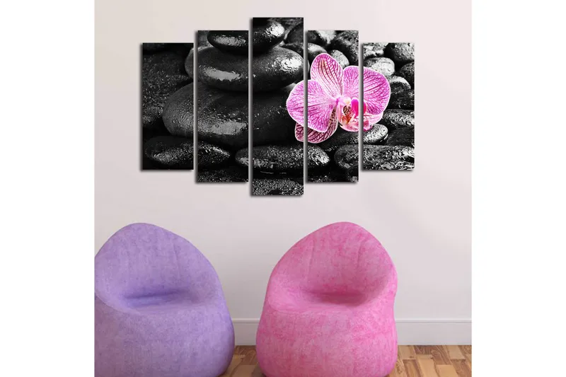 Suuri 5-osainen canvas-taulu 105x70 cm - Kaunis orkidea, jossa on kontrastia mustien kivien kanssa - Musta / Vaaleanpunainen - Sisustustuotteet - Taulu & taide - Canvas-taulu