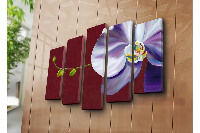 Suuri 5-osainen canvas-taulu 105x70 cm - Kaunis orkidea eleganteilla kukilla - Valkoinen / Violetti / Vihreä - Sisustustuotteet - Taulu & taide - Canvas-taulu