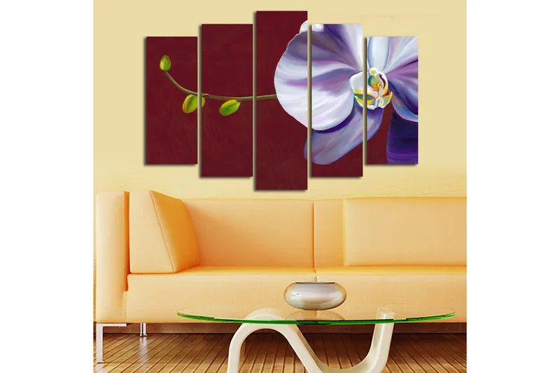 Suuri 5-osainen canvas-taulu 105x70 cm - Kaunis orkidea eleganteilla kukilla - Valkoinen / Violetti / Vihreä - Sisustustuotteet - Taulu & taide - Canvas-taulu
