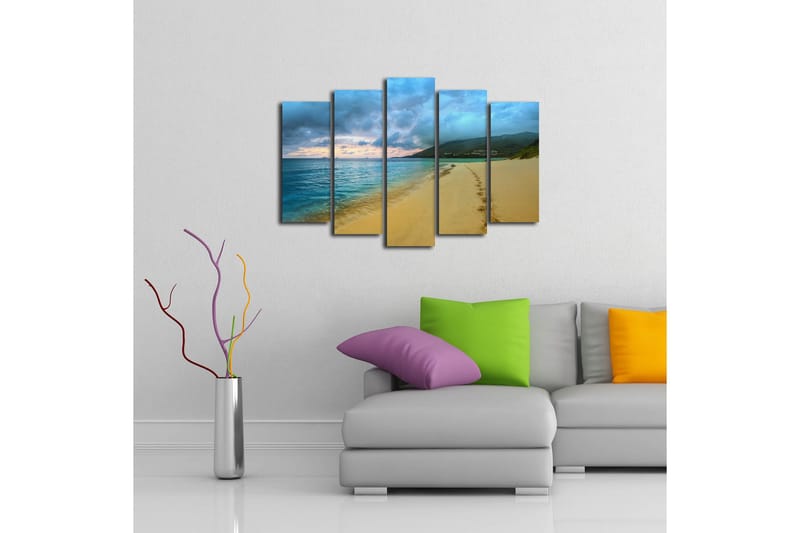 Suuri 5-osainen canvas-taulu 105x70 cm - Kaunis ranta jalanjäljillä hiekassa ja tyyni meri - Sininen / Hiekka / Harmaa - Sisustustuotteet - Taulu & taide - Canvas-taulu