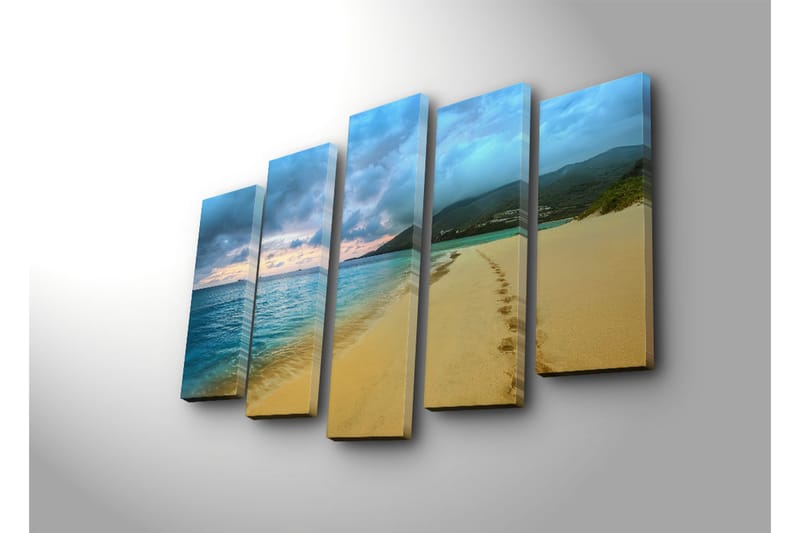 Suuri 5-osainen canvas-taulu 105x70 cm - Kaunis ranta jalanjäljillä hiekassa ja tyyni meri - Sininen / Hiekka / Harmaa - Sisustustuotteet - Taulu & taide - Canvas-taulu