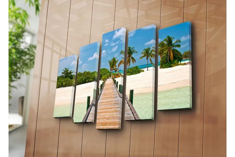 Suuri 5-osainen canvas-taulu 105x70 cm - Kaunis rantakatu palmujen ja turkoosin veden ympäröimänä - Vihreä / Sininen / Beige - Sisustustuotteet - Taulu & taide - Canvas-taulu