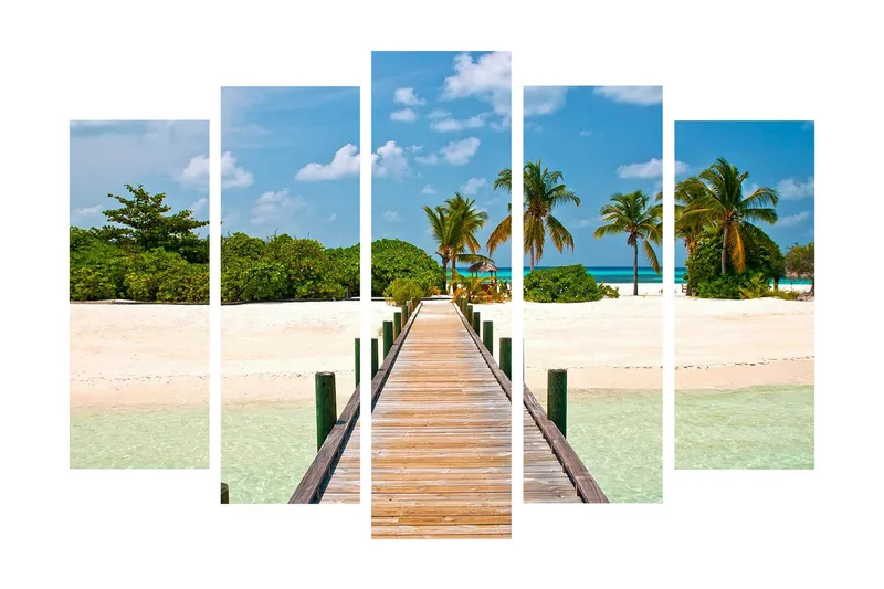 Suuri 5-osainen canvas-taulu 105x70 cm - Kaunis rantakatu palmujen ja turkoosin veden ympäröimänä, Vihreä / Sininen / Beige