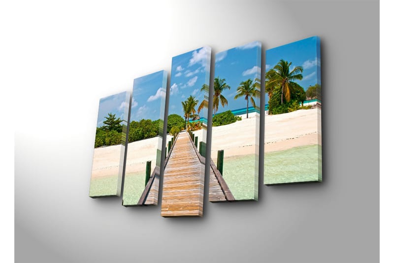 Suuri 5-osainen canvas-taulu 105x70 cm - Kaunis rantakatu palmujen ja turkoosin veden ympäröimänä - Vihreä / Sininen / Beige - Sisustustuotteet - Taulu & taide - Canvas-taulu