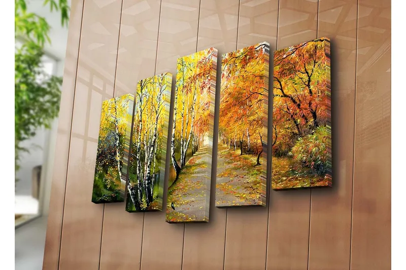 Suuri 5-osainen canvas-taulu 105x70 cm - Kaunis syysmaisema värikkäiden puiden kanssa kävelyreitin varrella - Keltainen / Oranssi / Vihreä - Sisustustuotteet - Taulu & taide - Canvas-taulu
