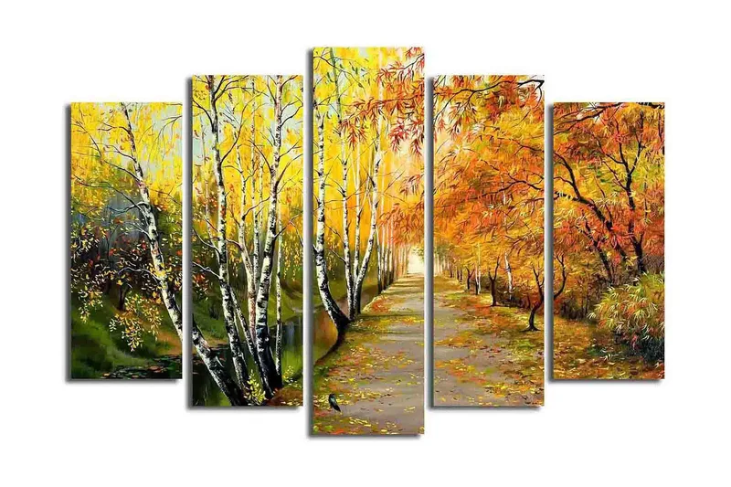 Suuri 5-osainen canvas-taulu 105x70 cm - Kaunis syysmaisema värikkäiden puiden kanssa kävelyreitin varrella, Keltainen / Oranssi / Vihreä