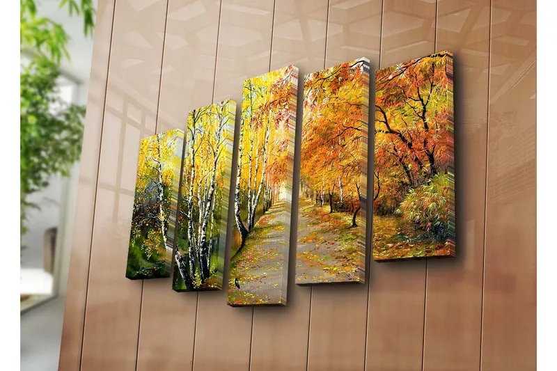 Suuri 5-osainen canvas-taulu 105x70 cm - Kaunis syysmaisema värikkäiden puiden kanssa kävelyreitin varrella - Keltainen / Oranssi / Vihreä - Sisustustuotteet - Taulu & taide - Canvas-taulu