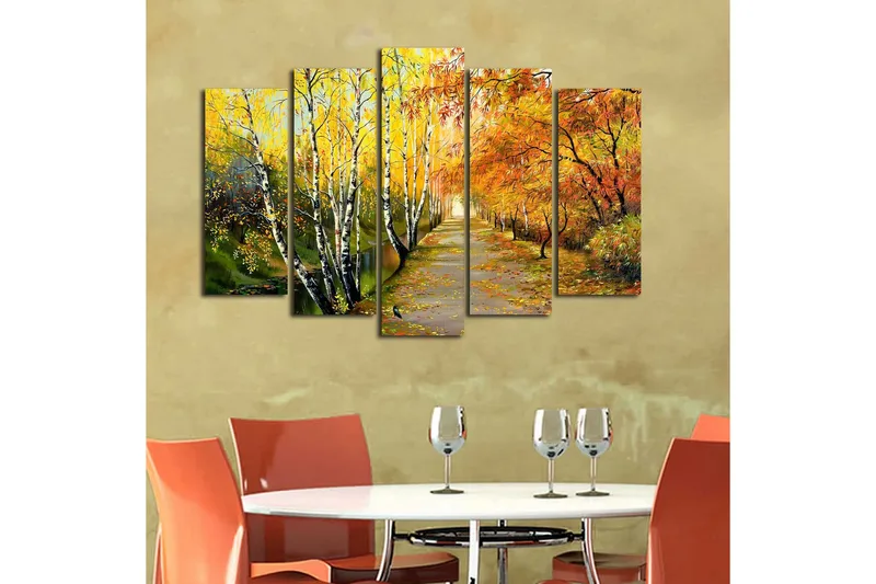 Suuri 5-osainen canvas-taulu 105x70 cm - Kaunis syysmaisema värikkäiden puiden kanssa kävelyreitin varrella - Keltainen / Oranssi / Vihreä - Sisustustuotteet - Taulu & taide - Canvas-taulu