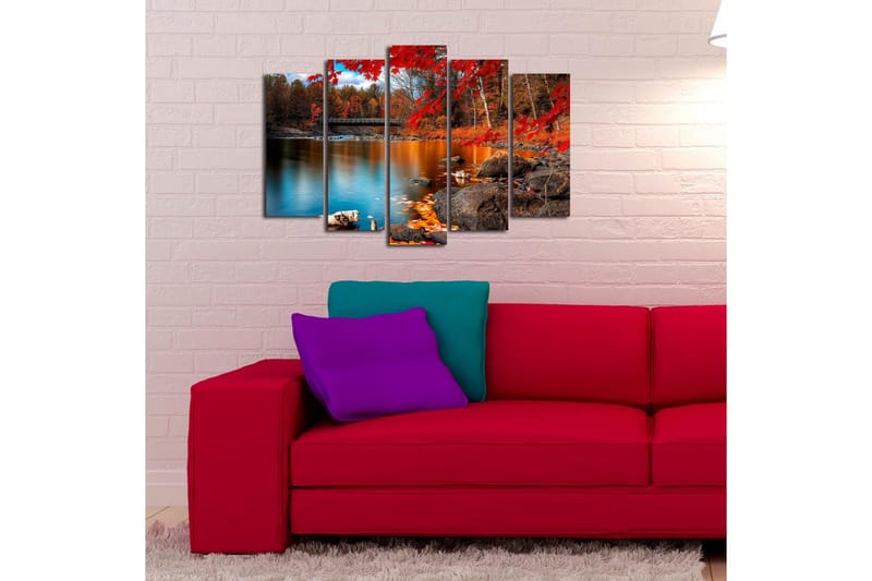 Suuri 5-osainen canvas-taulu 105x70 cm - Kaunis syysmaisema värikkäillä puilla ja peilimäisillä vesipinnoilla - Punainen / Oranssi / Sininen - Sisustustuotteet - Taulu & taide - Canvas-taulu