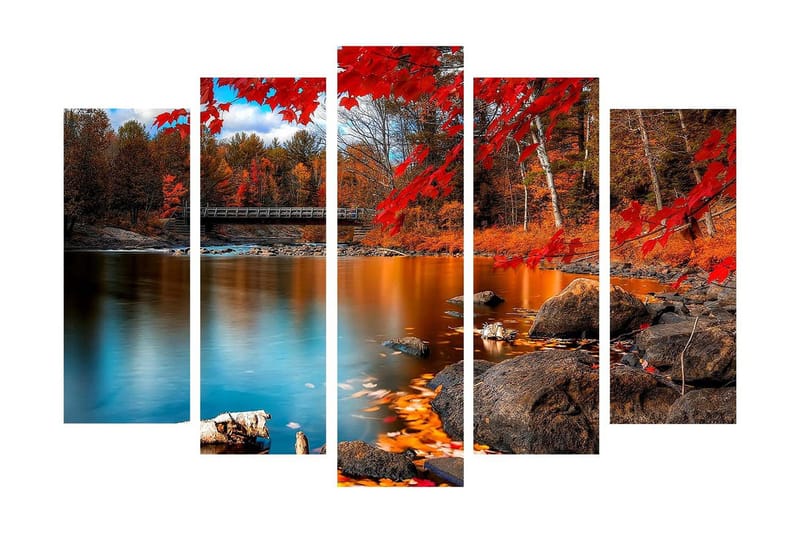 Suuri 5-osainen canvas-taulu 105x70 cm - Kaunis syysmaisema värikkäillä puilla ja peilimäisillä vesipinnoilla - Punainen / Oranssi / Sininen - Sisustustuotteet - Taulu & taide - Canvas-taulu