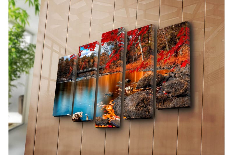 Suuri 5-osainen canvas-taulu 105x70 cm - Kaunis syysmaisema värikkäillä puilla ja peilimäisillä vesipinnoilla - Punainen / Oranssi / Sininen - Sisustustuotteet - Taulu & taide - Canvas-taulu
