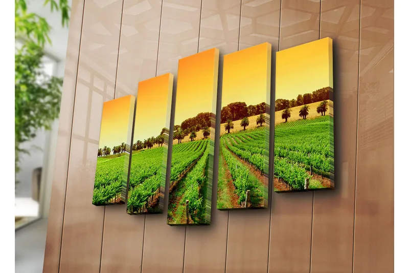 Suuri 5-osainen canvas-taulu 105x70 cm - Kaunis viinitarha aurinkoisen taivaan alla - Vihreä / Oranssi / Keltainen - Sisustustuotteet - Taulu & taide - Canvas-taulu