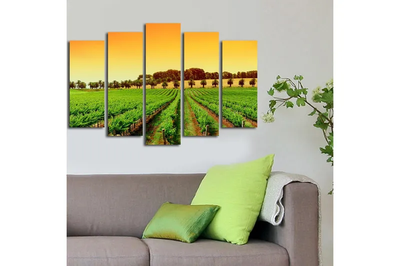 Suuri 5-osainen canvas-taulu 105x70 cm - Kaunis viinitarha aurinkoisen taivaan alla - Vihreä / Oranssi / Keltainen - Sisustustuotteet - Taulu & taide - Canvas-taulu