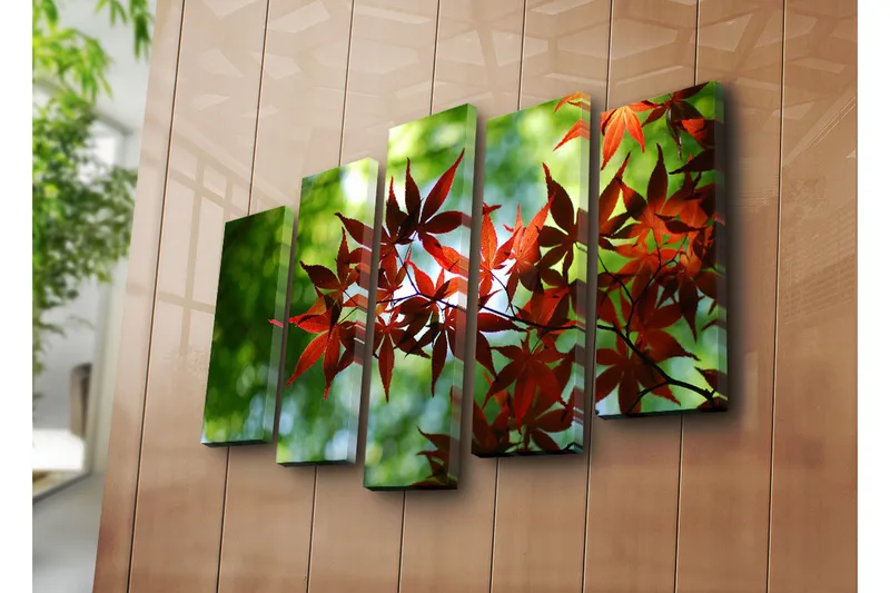 Suuri 5-osainen canvas-taulu 105x70 cm - Kirkkaanpunaiset vaahteranlehdet vihreää taustaa vasten - Punainen / Vihreä - Sisustustuotteet - Taulu & taide - Canvas-taulu