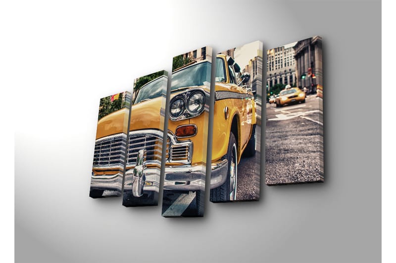 Suuri 5-osainen canvas-taulu 105x70 cm - Klassinen keltainen taksi kaupunkiympäristössä - Keltainen / Kromi / Musta - Sisustustuotteet - Taulu & taide - Canvas-taulu