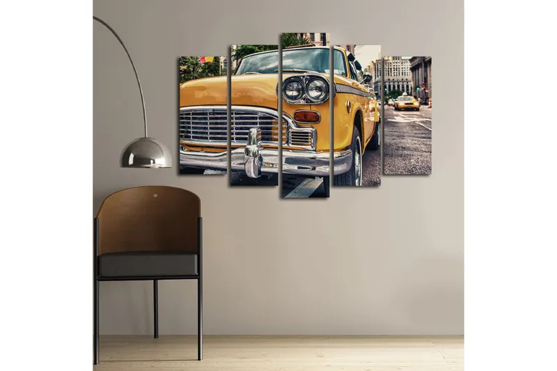 Suuri 5-osainen canvas-taulu 105x70 cm - Klassinen keltainen taksi kaupunkiympäristössä - Keltainen / Kromi / Musta - Sisustustuotteet - Taulu & taide - Canvas-taulu