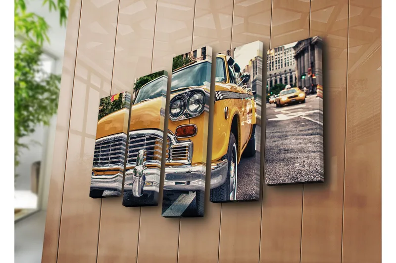 Suuri 5-osainen canvas-taulu 105x70 cm - Klassinen keltainen taksi kaupunkiympäristössä - Keltainen / Kromi / Musta - Sisustustuotteet - Taulu & taide - Canvas-taulu