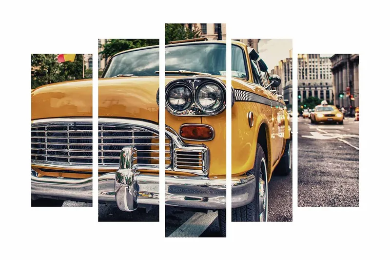 Suuri 5-osainen canvas-taulu 105x70 cm - Klassinen keltainen taksi kaupunkiympäristössä, Keltainen / Kromi / Musta