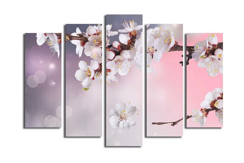 Suuri 5-osainen canvas-taulu 105x70 cm - Kukkiva kirsikanoksa valkoisilla kukilla, Valkoinen / Violetti / Vaaleanpunainen
