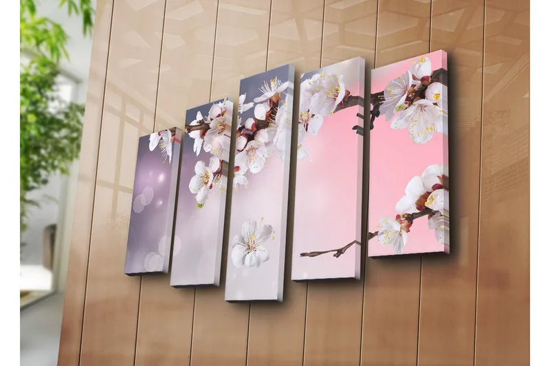 Suuri 5-osainen canvas-taulu 105x70 cm - Kukkiva kirsikanoksa valkoisilla kukilla - Valkoinen / Violetti / Vaaleanpunainen - Sisustustuotteet - Taulu & taide - Canvas-taulu