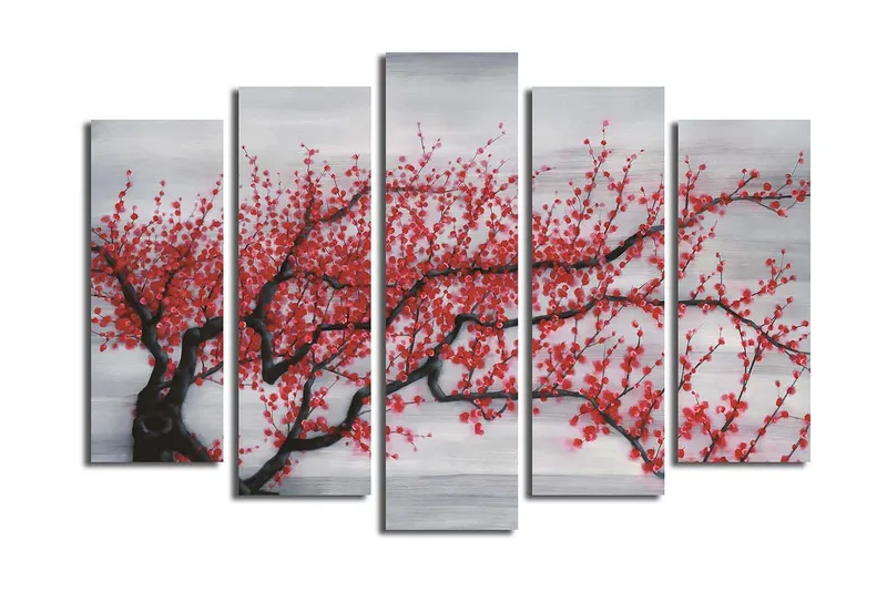 Suuri 5-osainen canvas-taulu 105x70 cm - Kukkiva kirsikkapuu punaisilla kukilla, Punainen / Musta / Harmaa