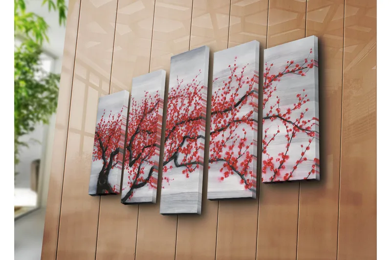 Suuri 5-osainen canvas-taulu 105x70 cm - Kukkiva kirsikkapuu punaisilla kukilla - Punainen / Musta / Harmaa - Sisustustuotteet - Taulu & taide - Canvas-taulu