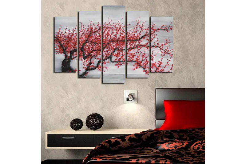 Suuri 5-osainen canvas-taulu 105x70 cm - Kukkiva kirsikkapuu punaisilla kukilla - Punainen / Musta / Harmaa - Sisustustuotteet - Taulu & taide - Canvas-taulu