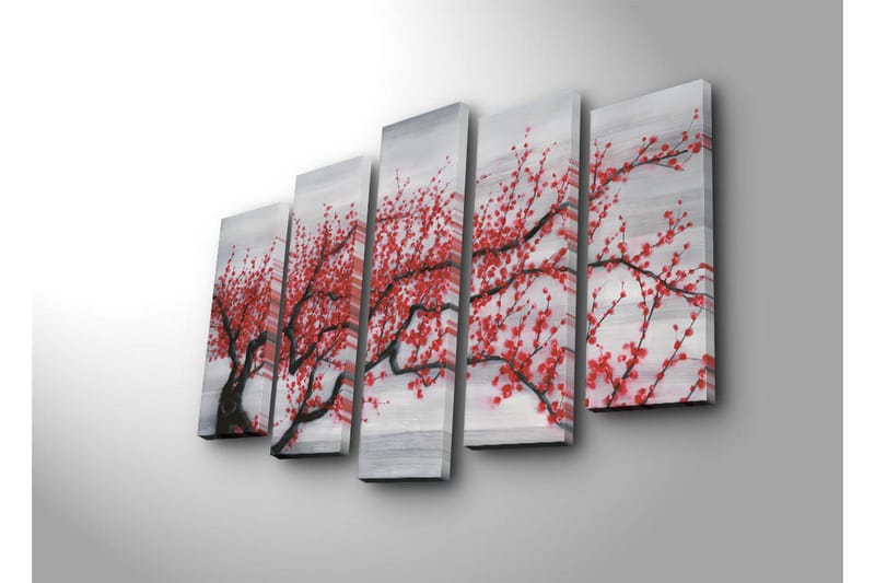 Suuri 5-osainen canvas-taulu 105x70 cm - Kukkiva kirsikkapuu punaisilla kukilla - Punainen / Musta / Harmaa - Sisustustuotteet - Taulu & taide - Canvas-taulu