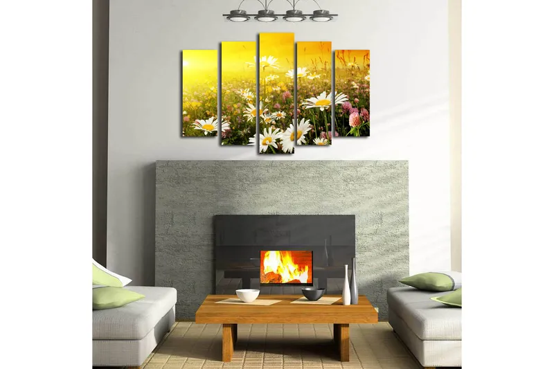 Suuri 5-osainen canvas-taulu 105x70 cm - Kukkiva niitty päivänkakkaroiden ja apilan kukkien kera - Keltainen / Valkoinen / Vihreä - Sisustustuotteet - Taulu & taide - Canvas-taulu