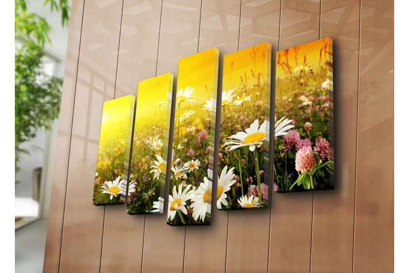 Suuri 5-osainen canvas-taulu 105x70 cm - Kukkiva niitty päivänkakkaroiden ja apilan kukkien kera - Keltainen / Valkoinen / Vihreä - Sisustustuotteet - Taulu & taide - Canvas-taulu