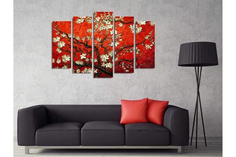 Suuri 5-osainen canvas-taulu 105x70 cm - Kukkiva oksa valkoisilla kukilla punaisella taustalla - Punainen / Valkoinen / Vihreä - Sisustustuotteet - Taulu & taide - Canvas-taulu