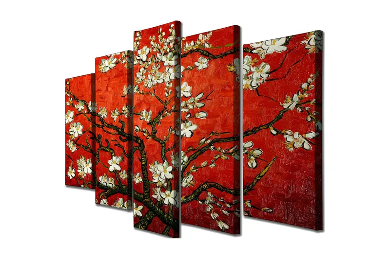 Suuri 5-osainen canvas-taulu 105x70 cm - Kukkiva oksa valkoisilla kukilla punaisella taustalla, Punainen / Valkoinen / Vihreä