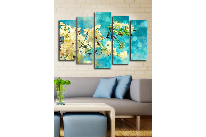 Suuri 5-osainen canvas-taulu 105x70 cm - Kukkivia kirsikanoksia sinisellä taustalla - Valkoinen / Sininen / Vihreä - Sisustustuotteet - Taulu & taide - Canvas-taulu