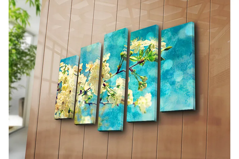 Suuri 5-osainen canvas-taulu 105x70 cm - Kukkivia kirsikanoksia sinisellä taustalla - Valkoinen / Sininen / Vihreä - Sisustustuotteet - Taulu & taide - Canvas-taulu